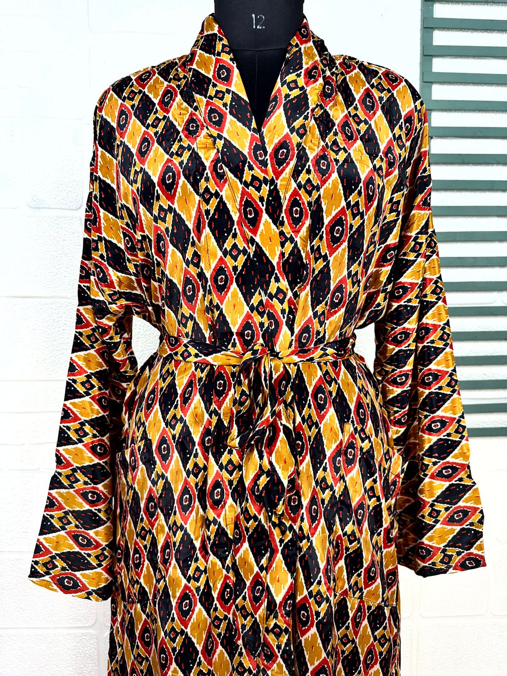 Men's Silk Kimono Robe in yellow black ikat