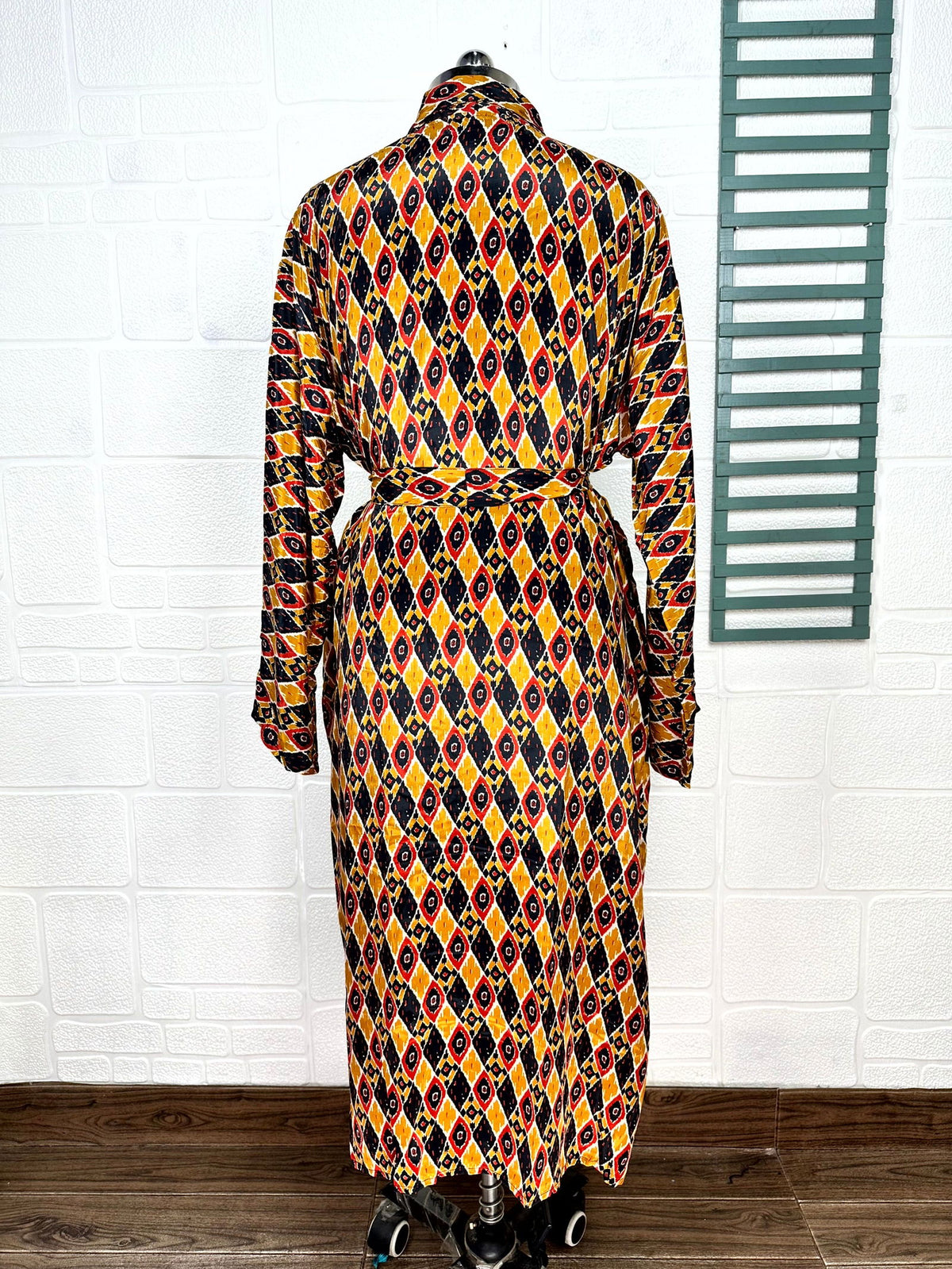 Men's Silk Kimono Robe in yellow black ikat