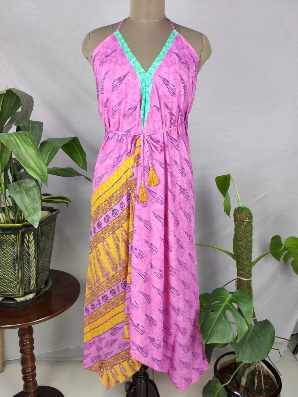 Recycled Silk Halter Maxi Dress in pink turquoise