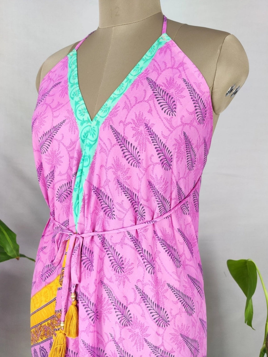 Recycled Silk Halter Maxi Dress in pink turquoise