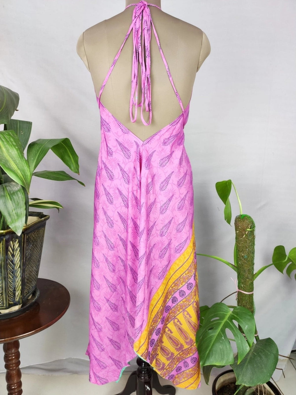 Recycled Silk Halter Maxi Dress in pink turquoise