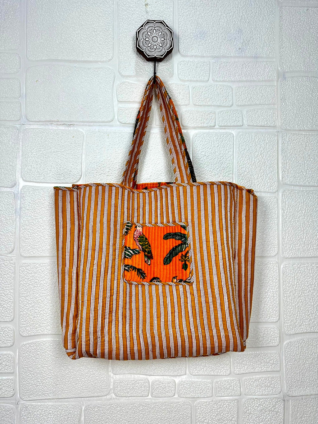 reversible Velvet & Cotton Tote Bag in ochre