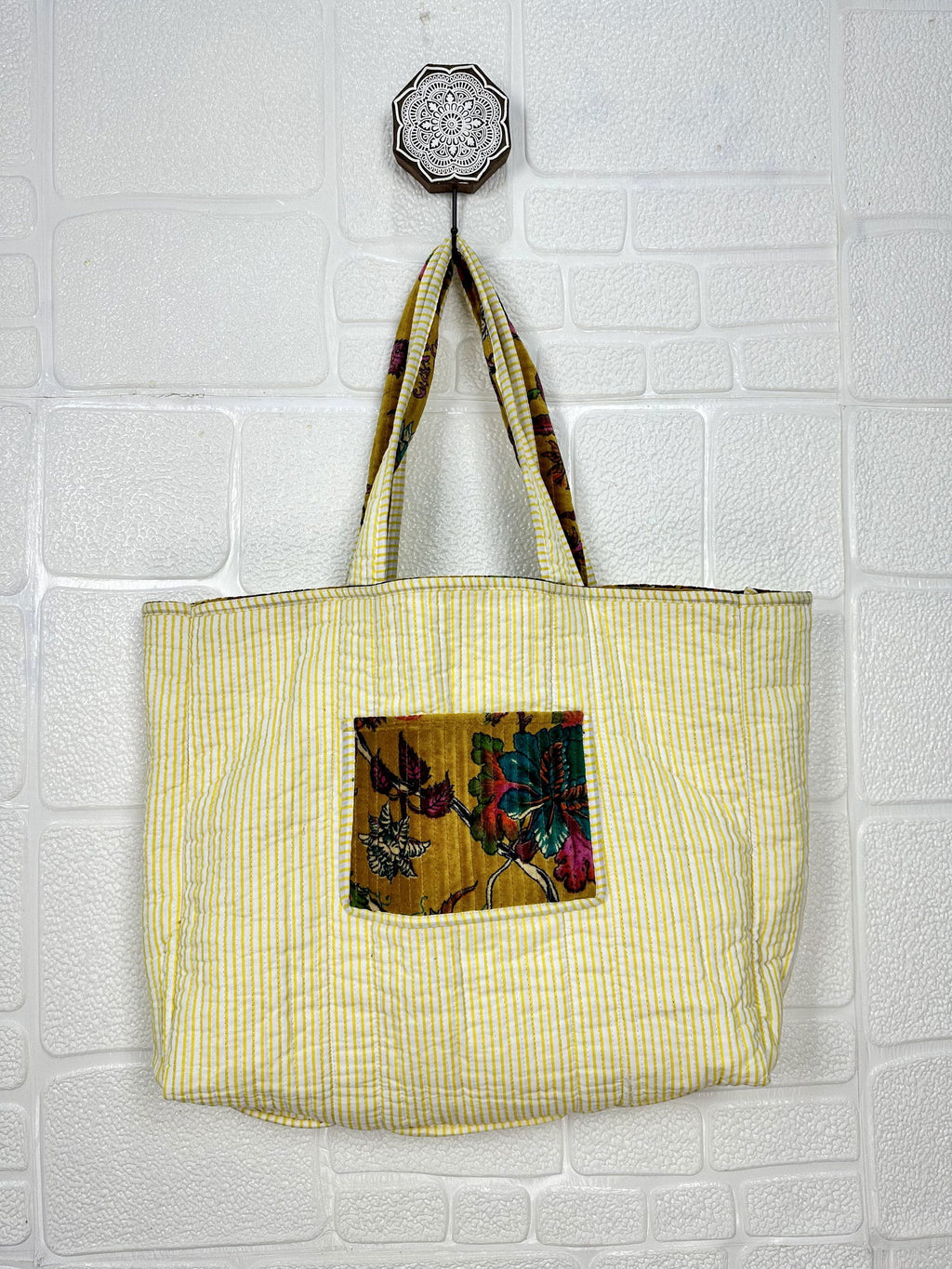 reversible Velvet & Cotton Tote Bag in ochre