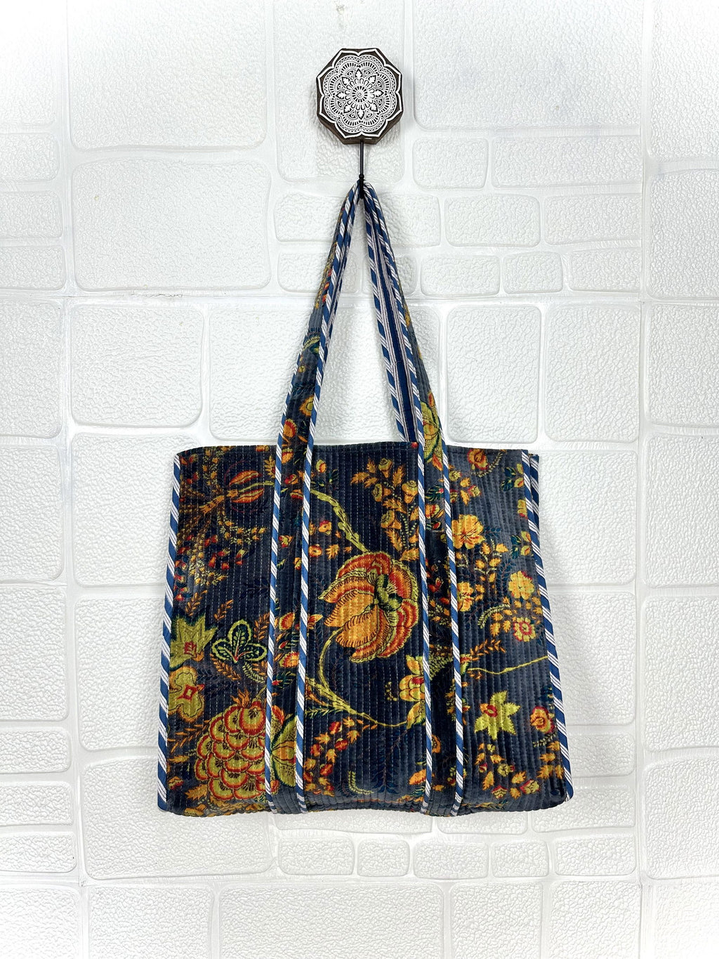 reversible Velvet & Cotton Tote Bag in ochre