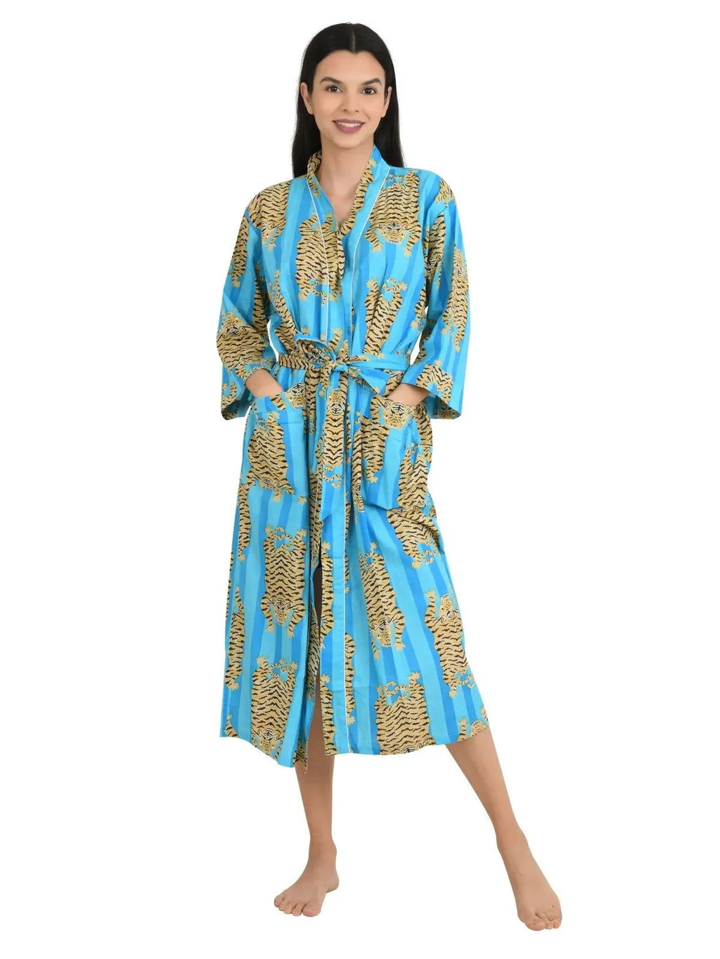 block-printed Cotton Kimono Robe in cheetah