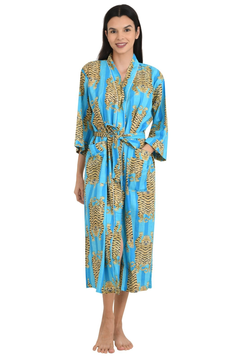 block-printed Cotton Kimono Robe in cheetah