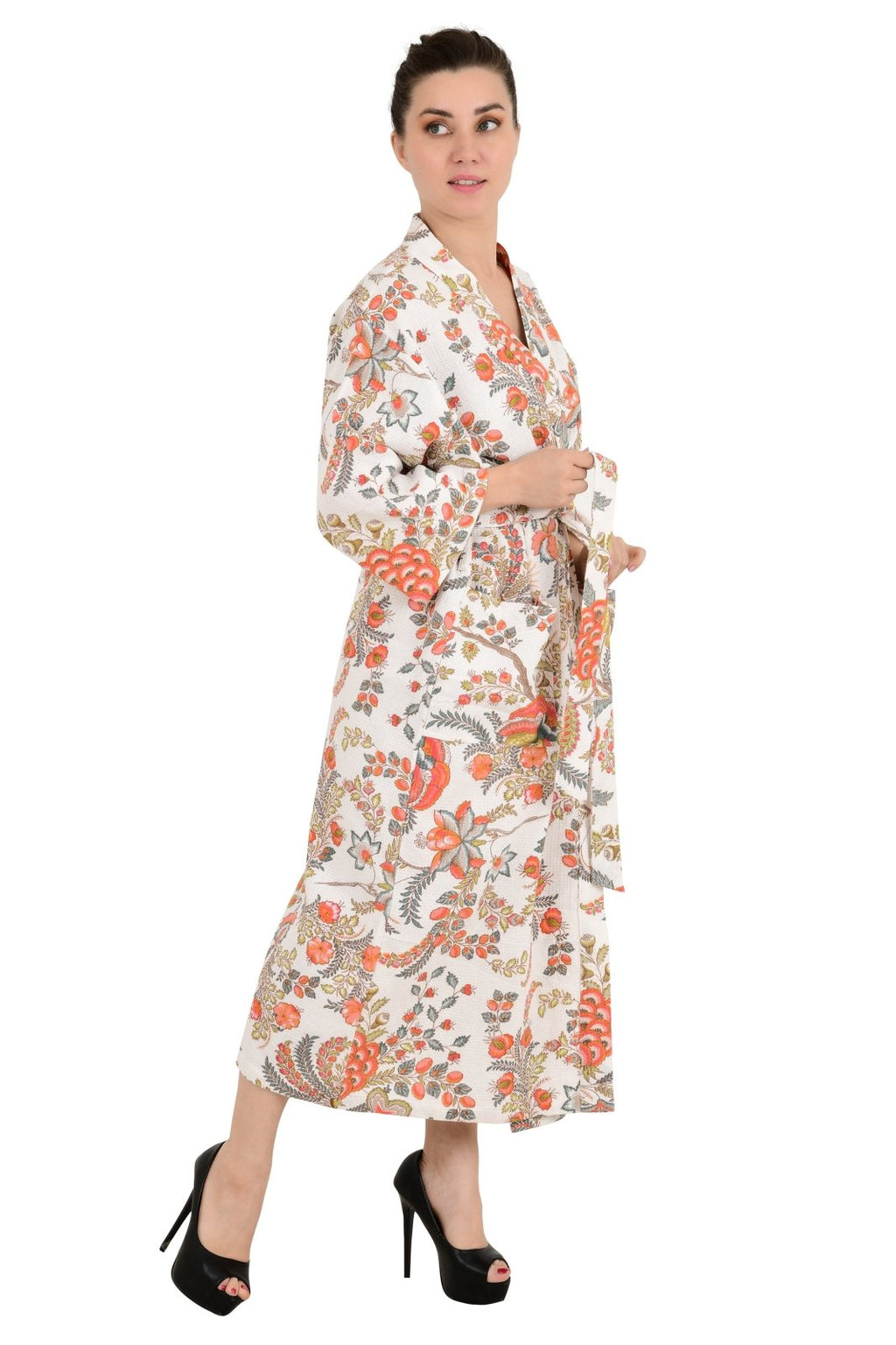 Women's block-printed Cotton Kimono Robe in floral