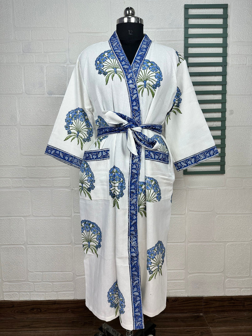 Women's block-printed Cotton Kimono Robe in floral