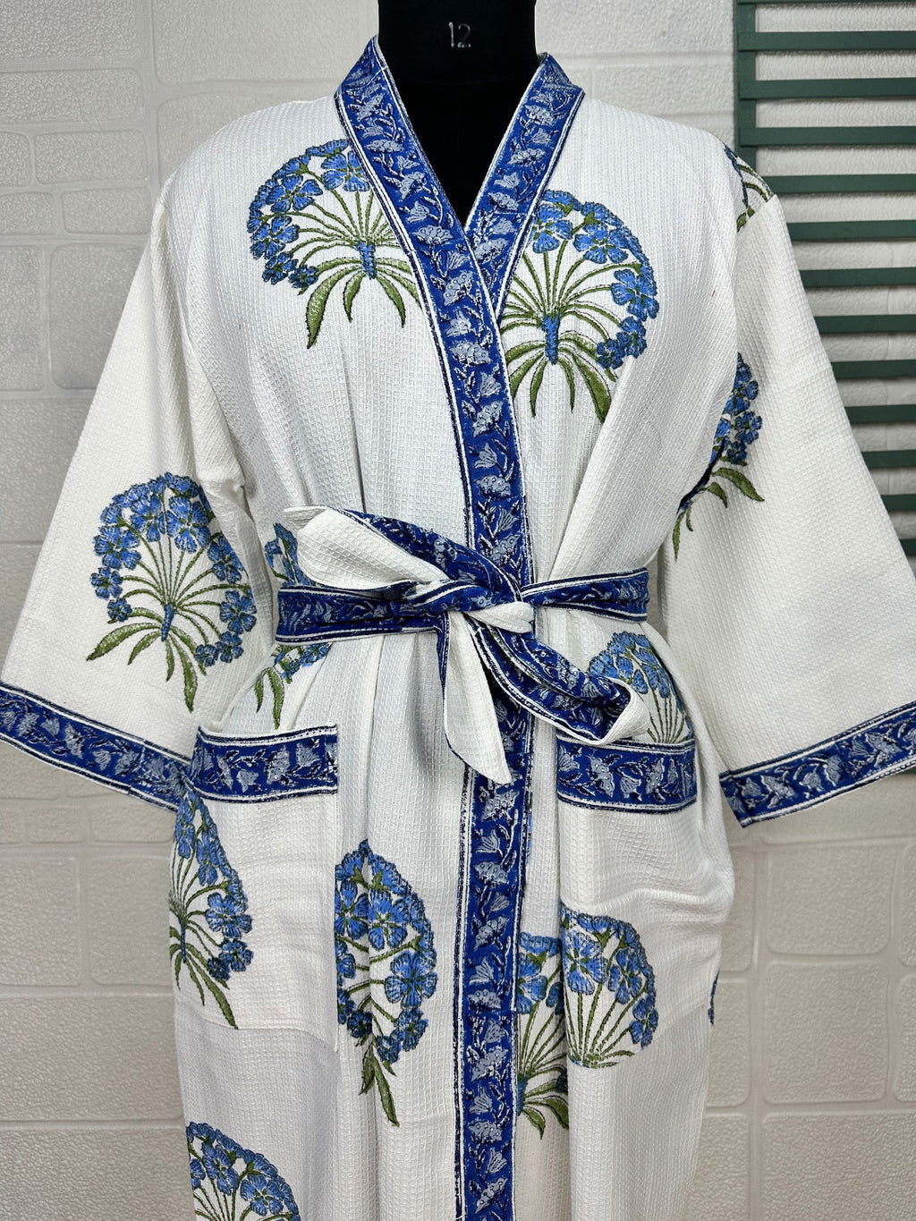 Women's block-printed Cotton Kimono Robe in floral