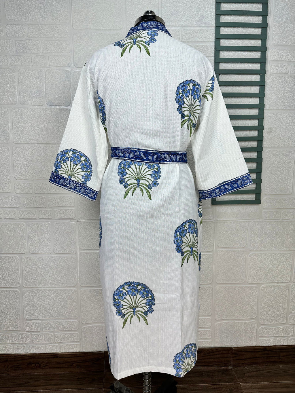 Women's block-printed Cotton Kimono Robe in floral
