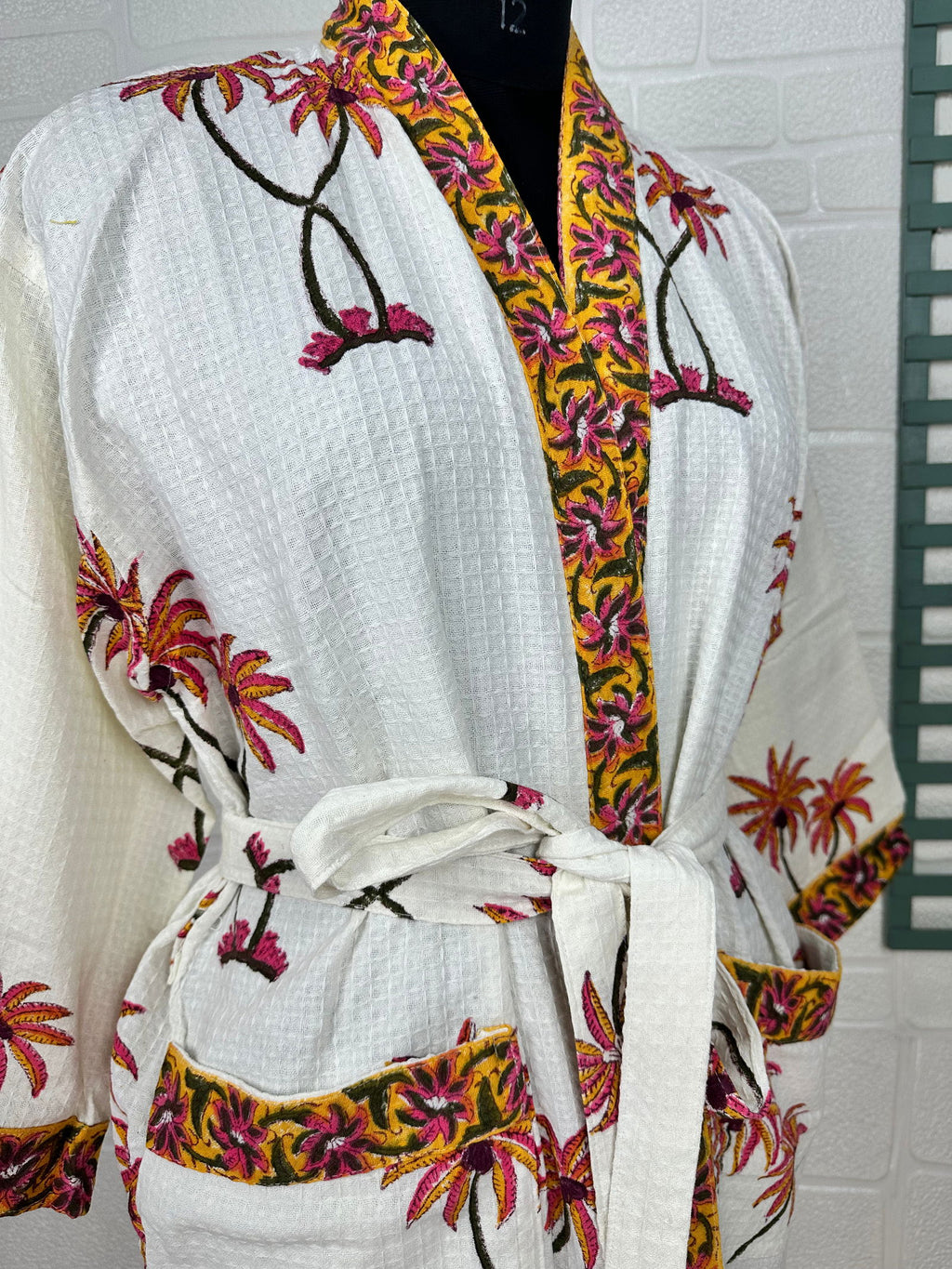 Women's block-printed Cotton Kimono Robe in floral