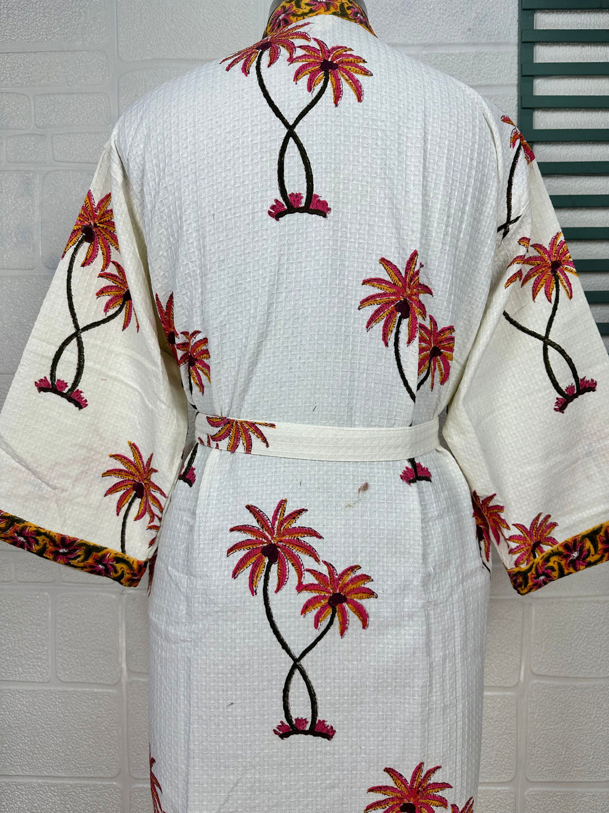 Women's block-printed Cotton Kimono Robe in floral