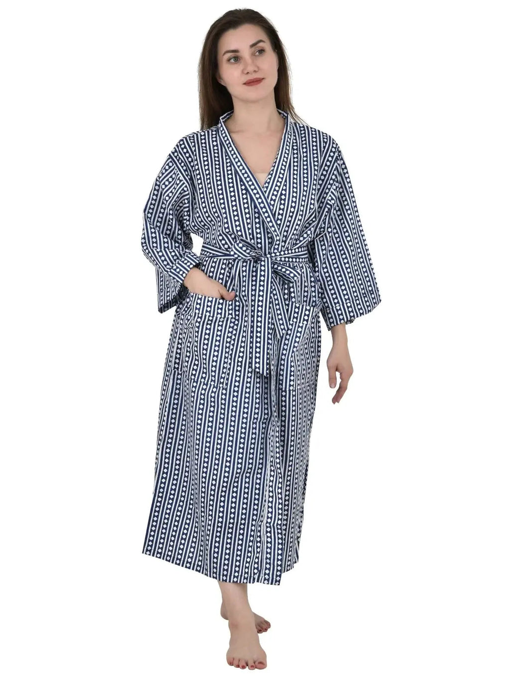 Women's block-printed Cotton Kimono Robe in blue diamond