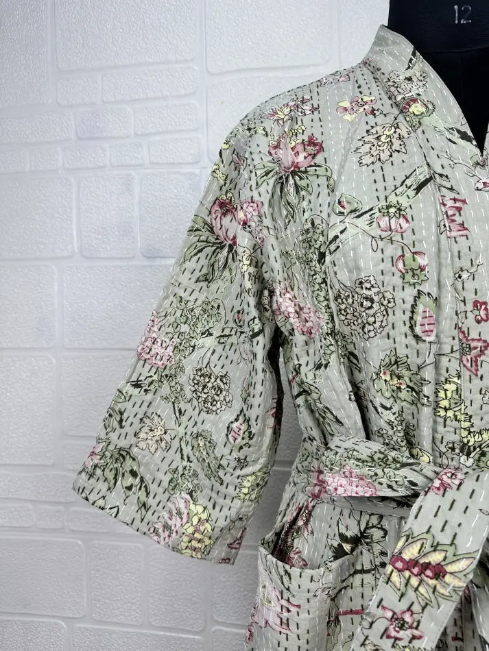 Women's reversible Kantha-stitched Cotton Short Jacket in grey pink floral