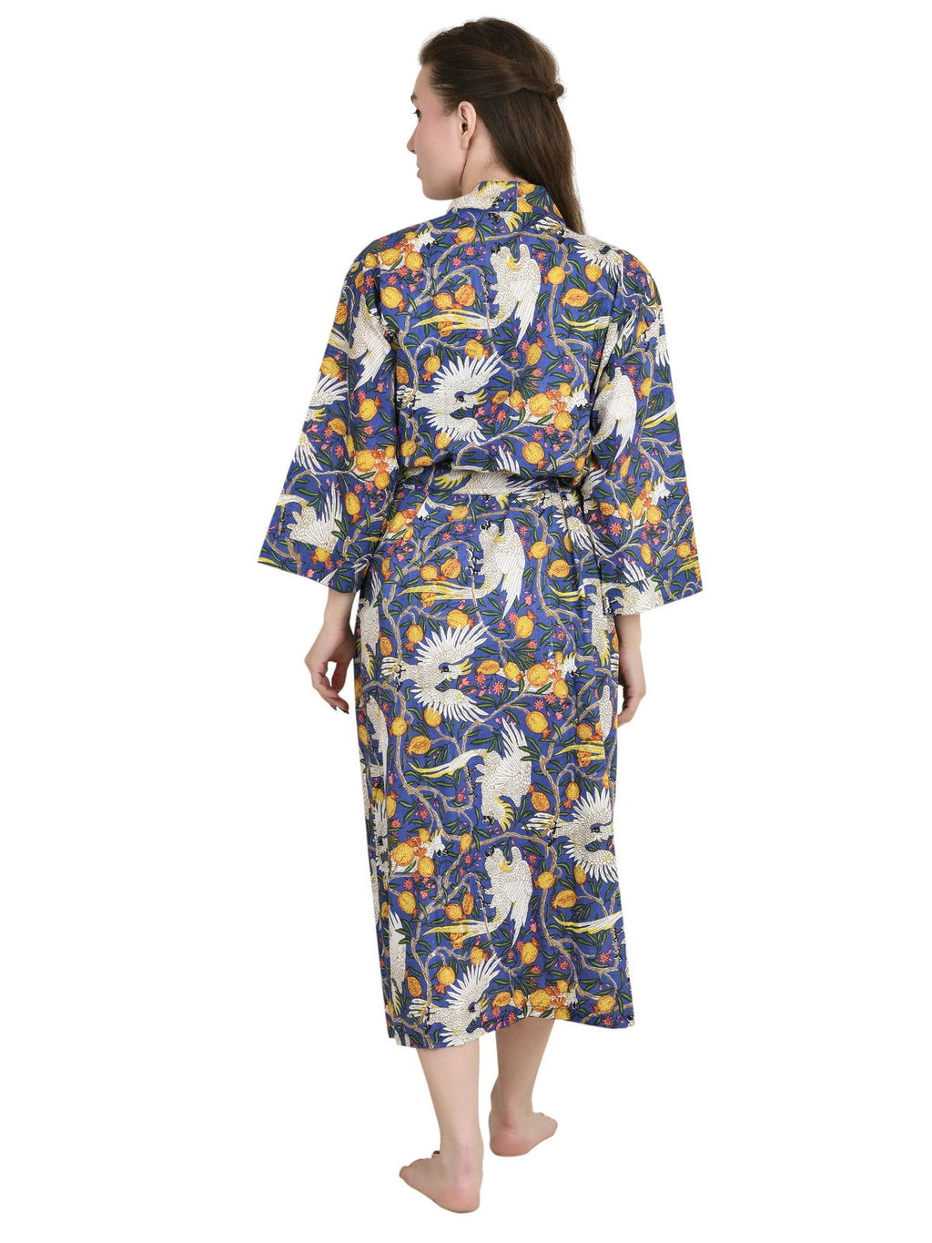 Women's block-printed Cotton Kimono Robe in floral