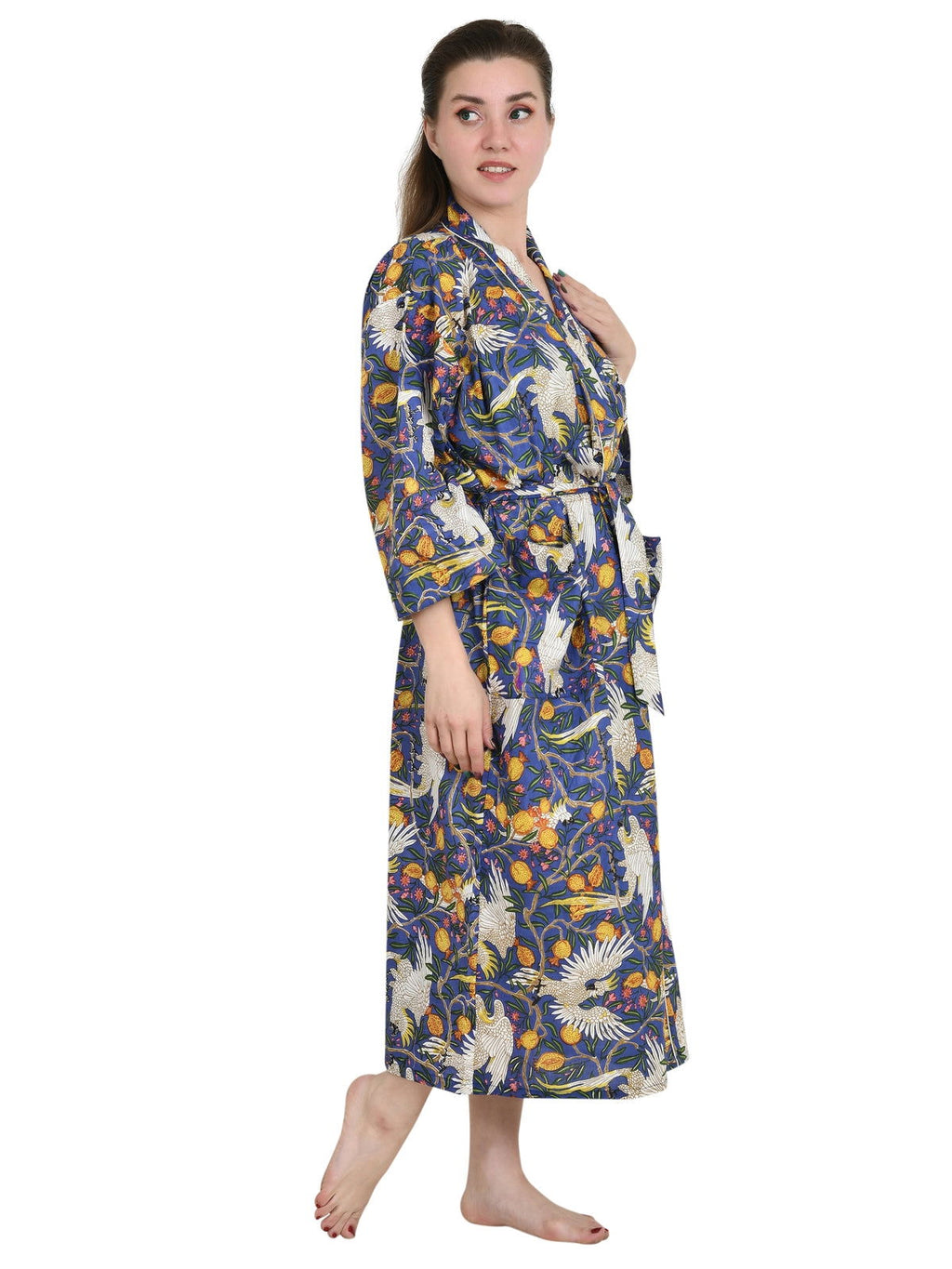 Women's block-printed Cotton Kimono Robe in floral