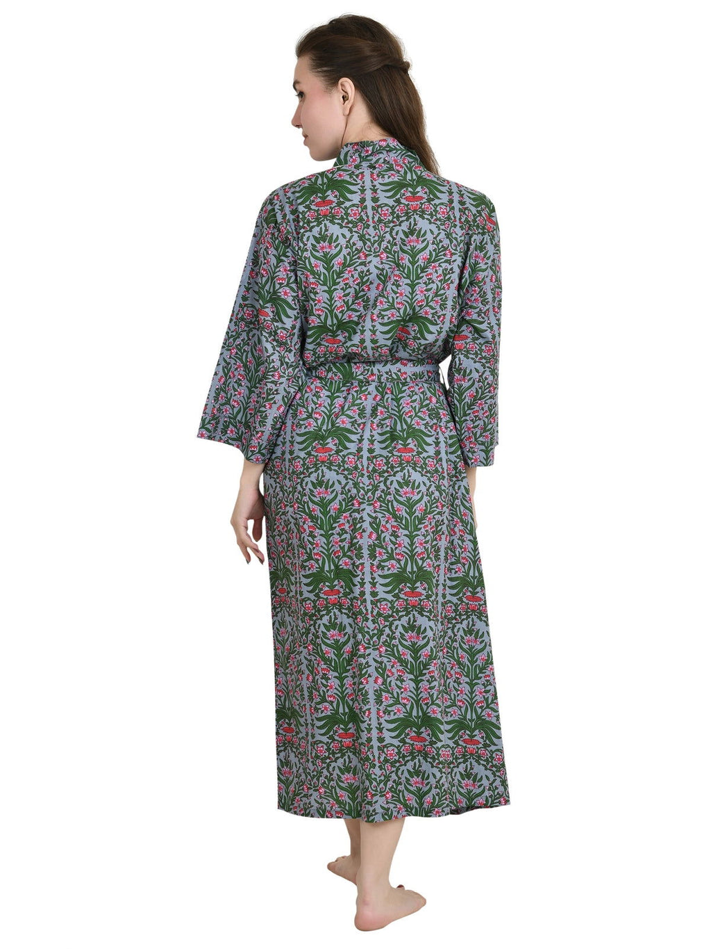 Women's block-printed Cotton Kimono Robe in indigo floral