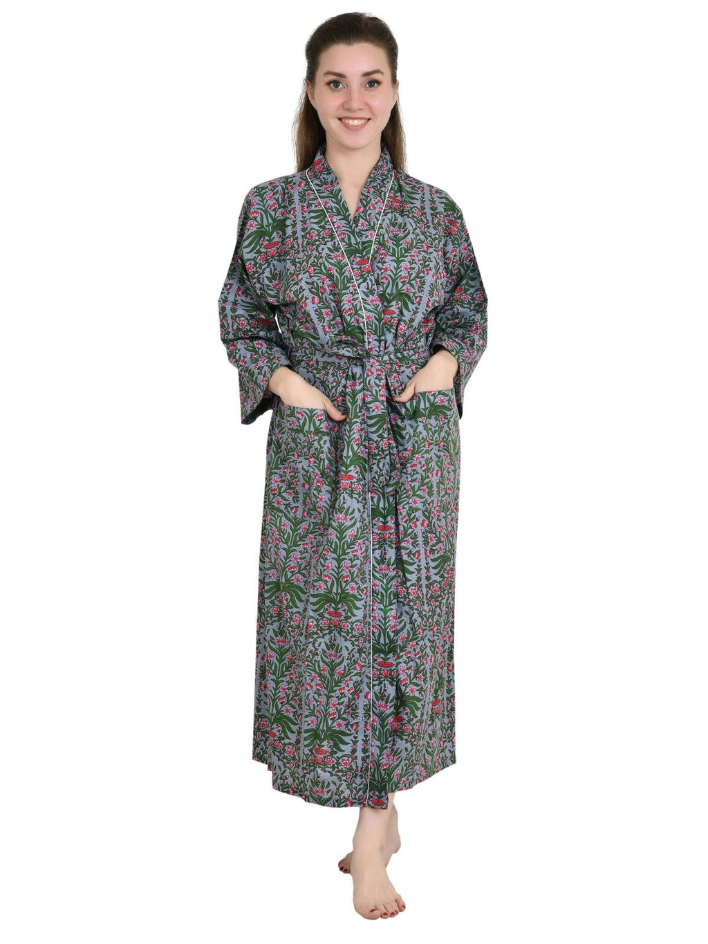 Women's block-printed Cotton Kimono Robe in indigo floral
