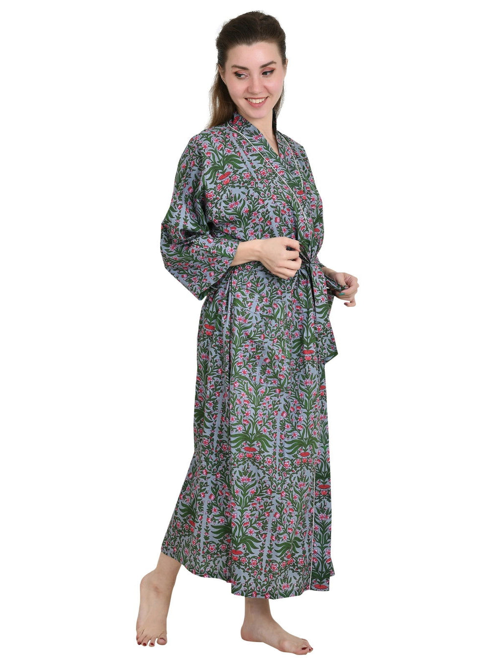 Women's block-printed Cotton Kimono Robe in indigo floral
