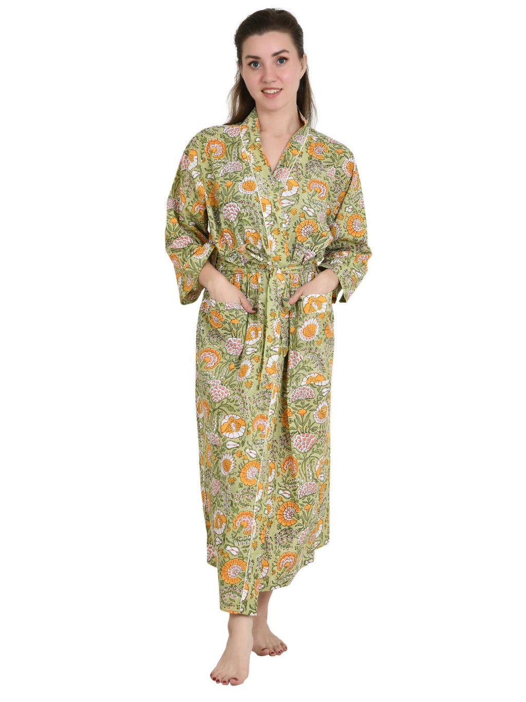 Women's block-printed Cotton Kimono Robe in indigo floral