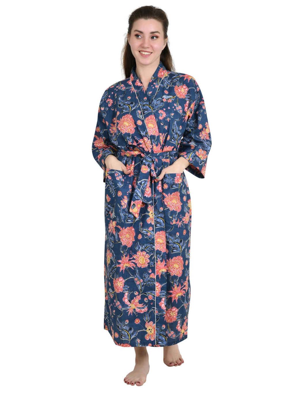 Women's block-printed Cotton Kimono Robe in floral