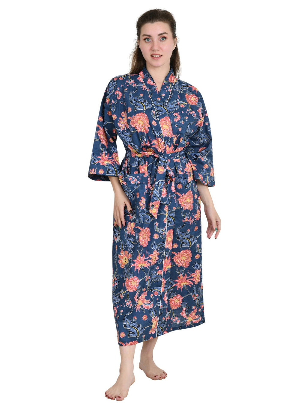Women's block-printed Cotton Kimono Robe in floral