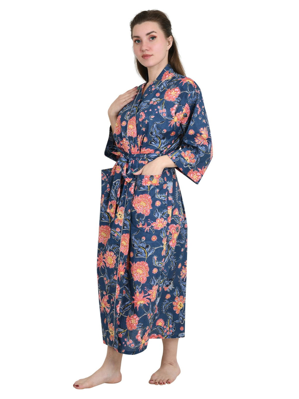 Women's block-printed Cotton Kimono Robe in floral