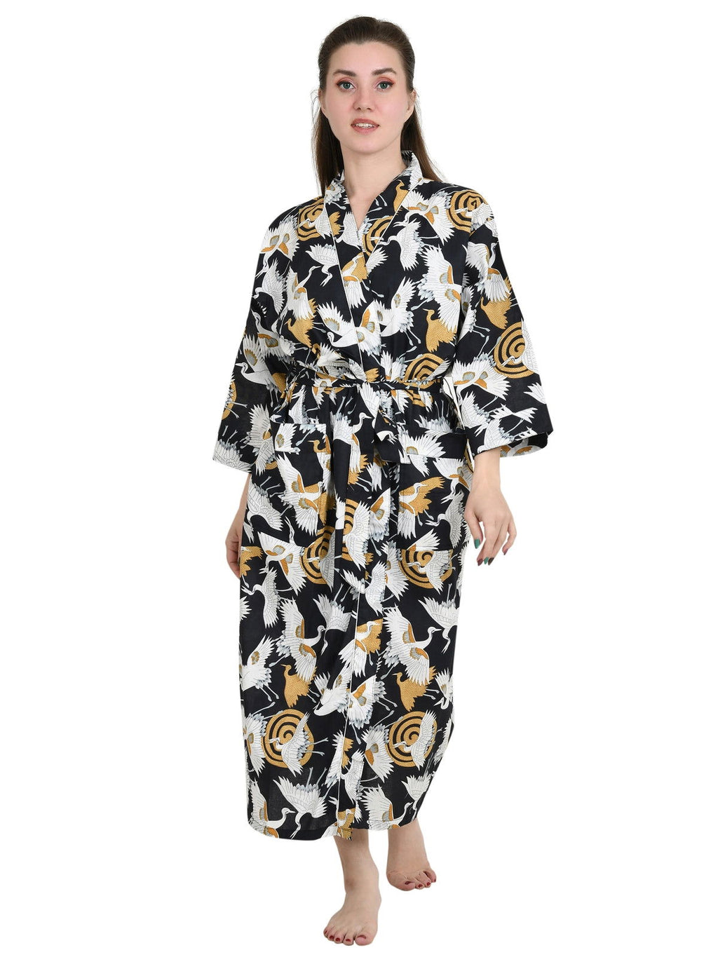 Women's block-printed Cotton Kimono Robe in bird