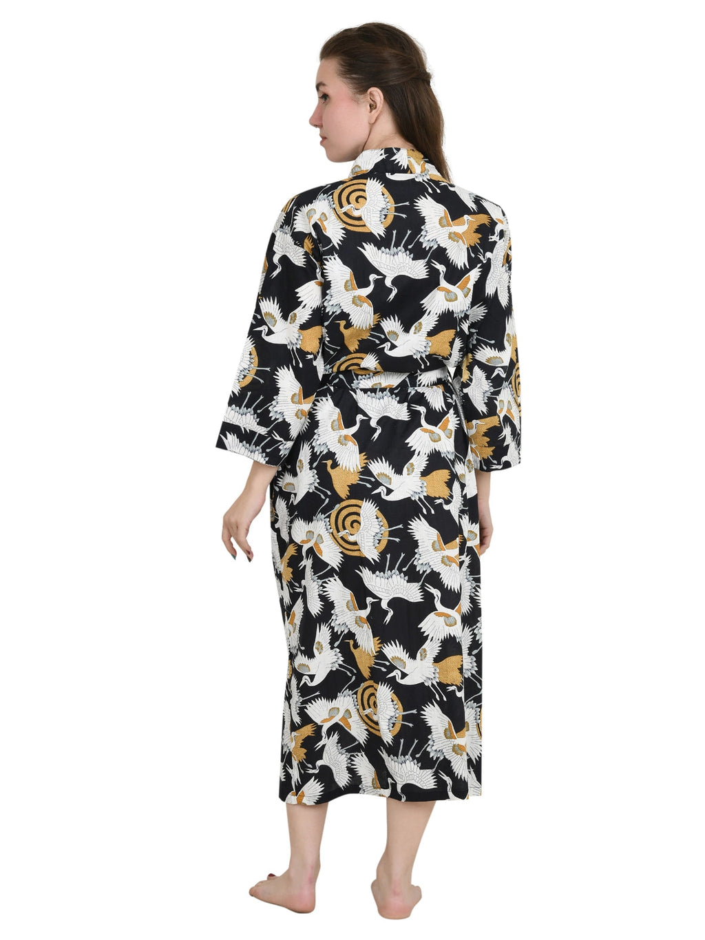 Women's block-printed Cotton Kimono Robe in bird