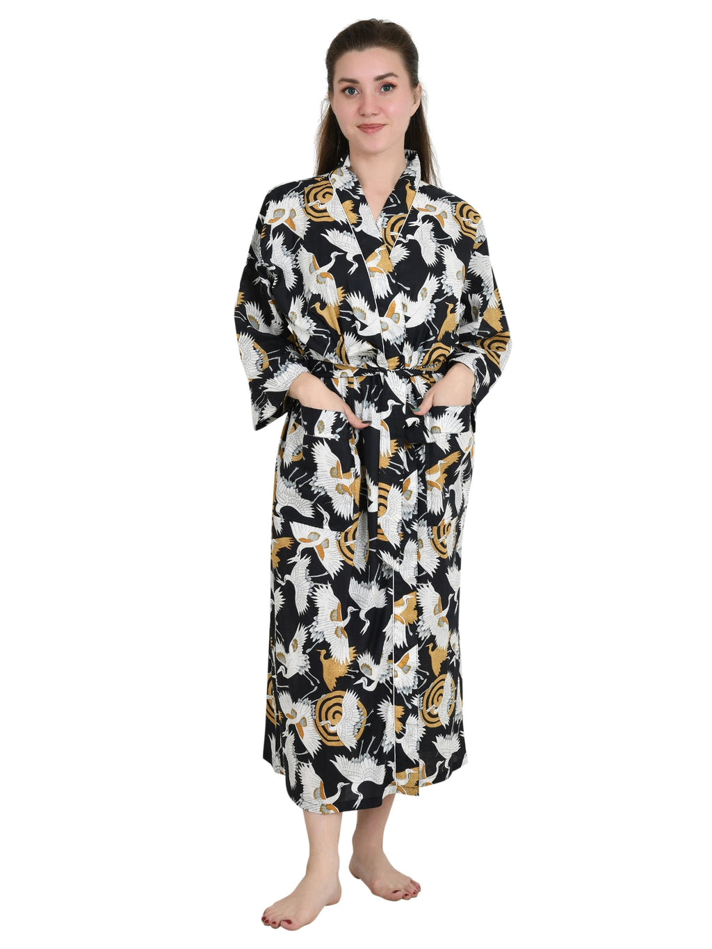 Women's block-printed Cotton Kimono Robe in bird