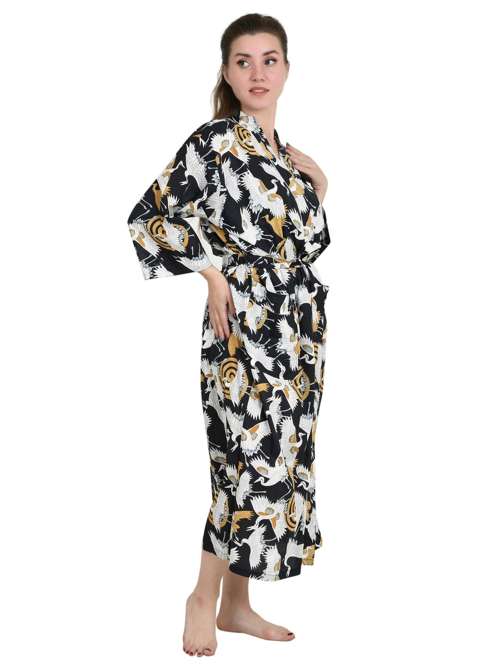 Women's block-printed Cotton Kimono Robe in bird