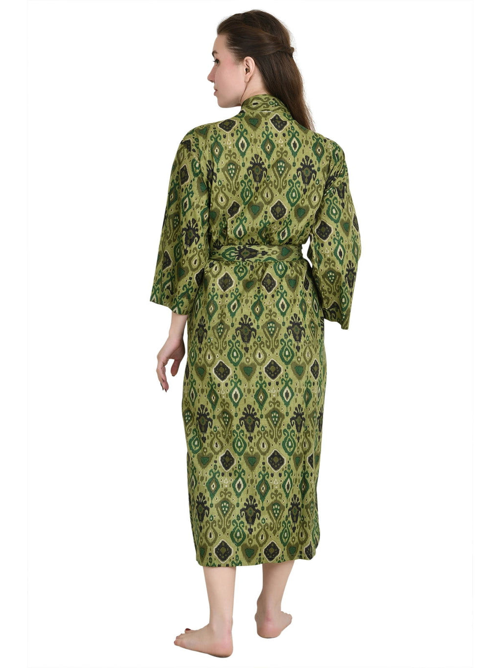 Women's block-printed Cotton Kimono Robe in ikat