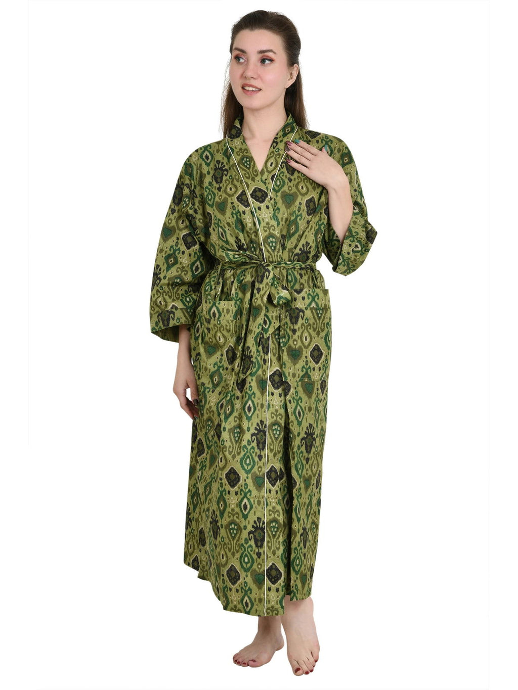 Women's block-printed Cotton Kimono Robe in ikat