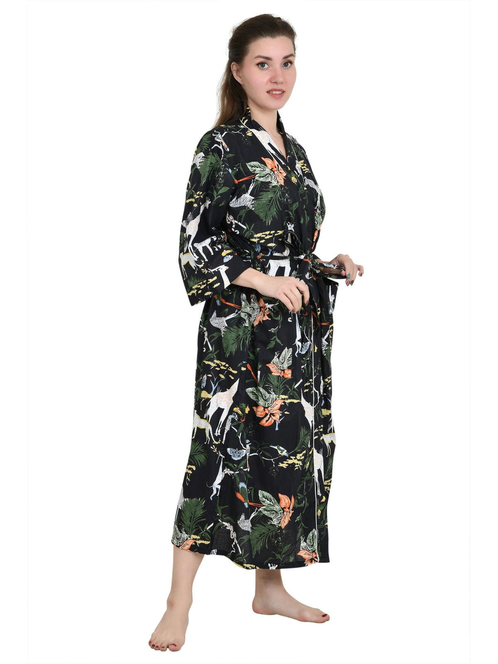 Women's block-printed Cotton Kimono Robe in floral
