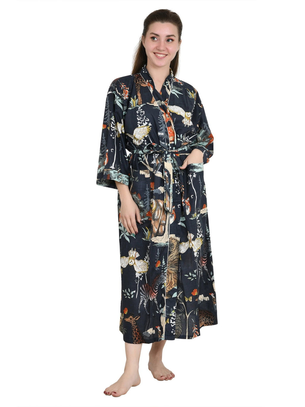 Women's block-printed Cotton Kimono Robe in floral