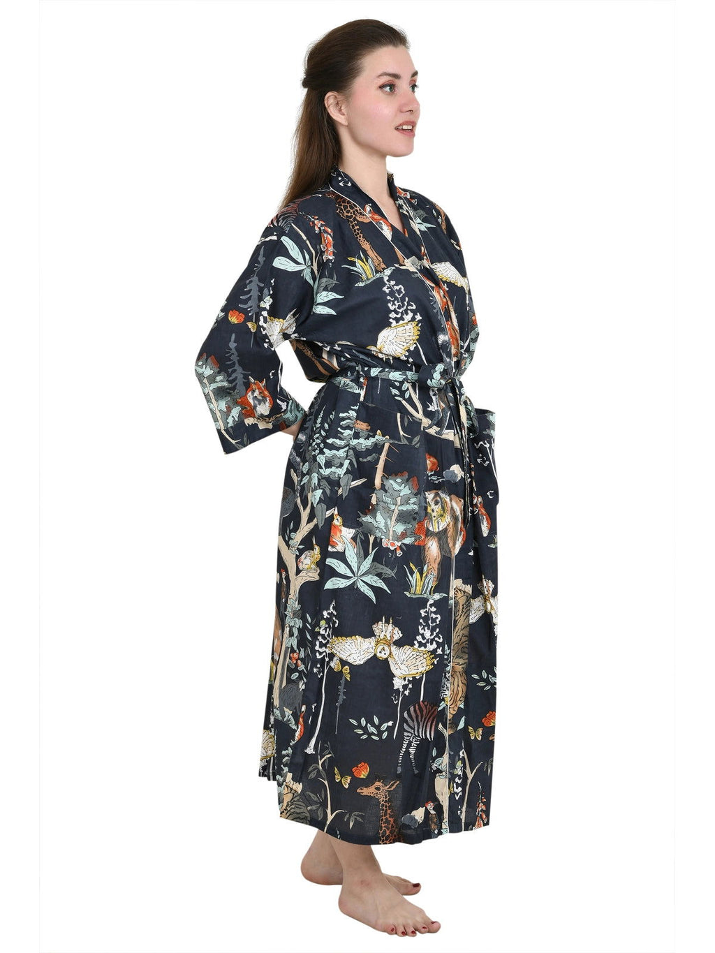 Women's block-printed Cotton Kimono Robe in floral
