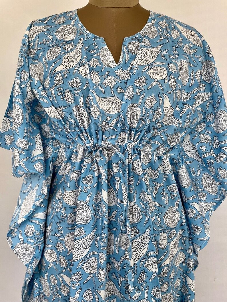 block-printed Cotton Kaftan Dress in blue white bird
