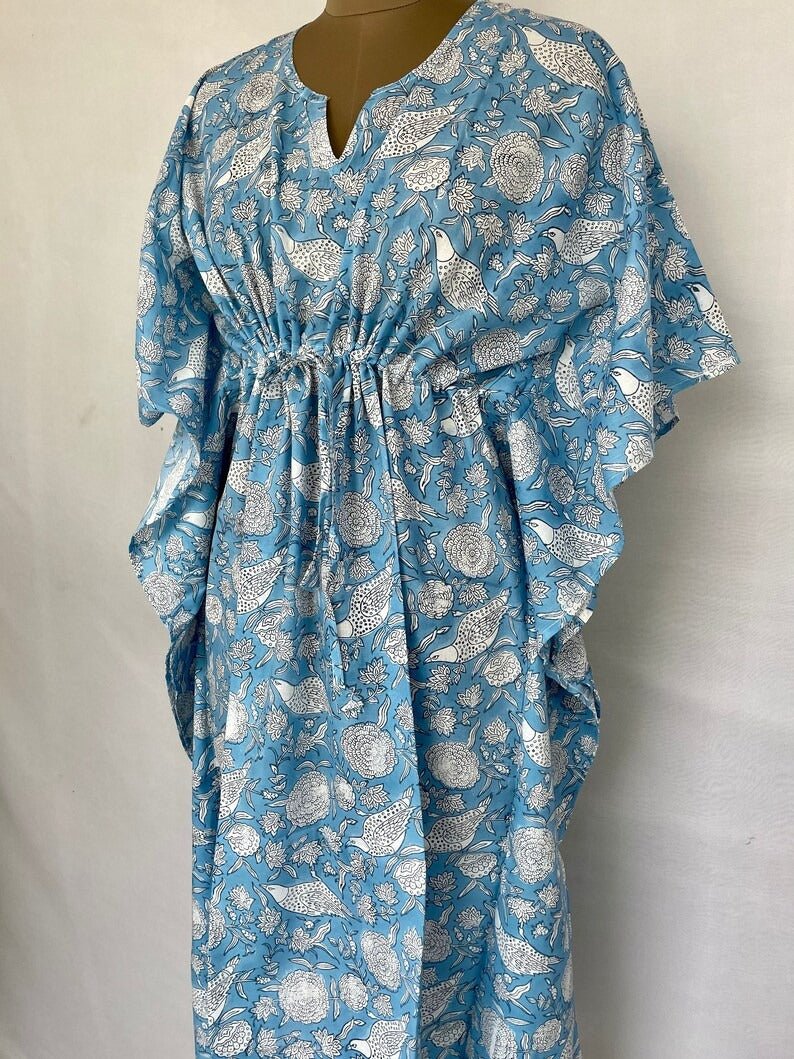 block-printed Cotton Kaftan Dress in blue white bird