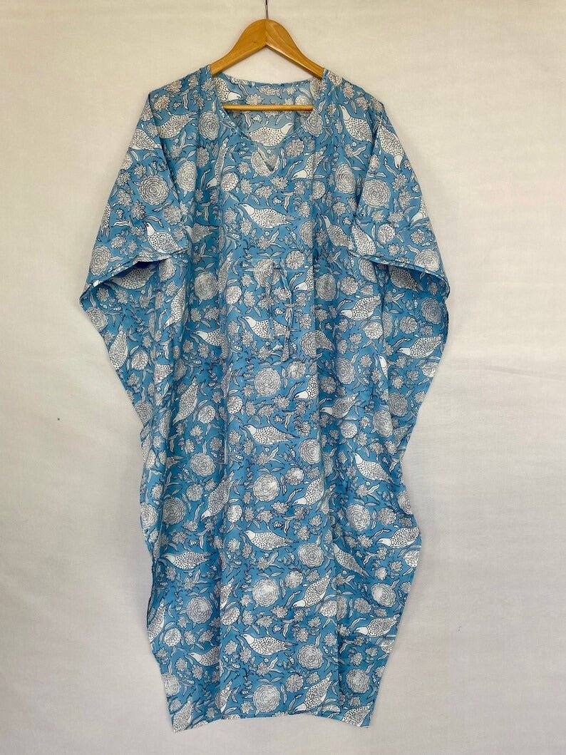block-printed Cotton Kaftan Dress in blue white bird