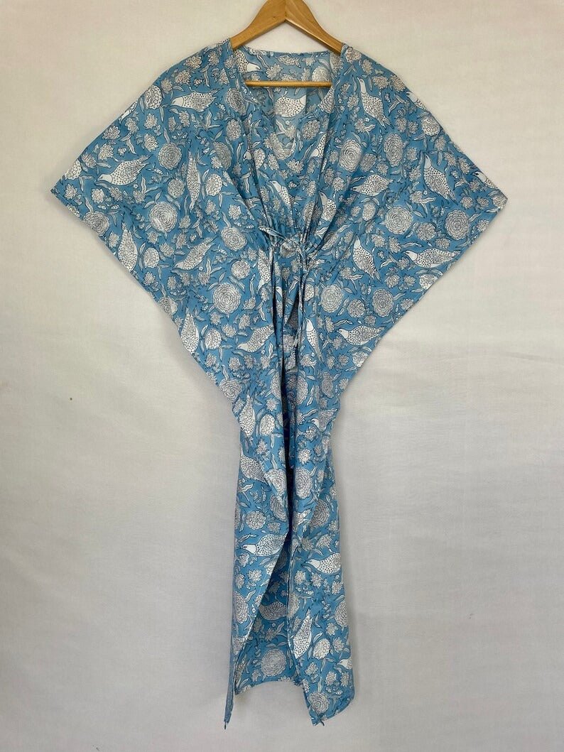block-printed Cotton Kaftan Dress in blue white bird