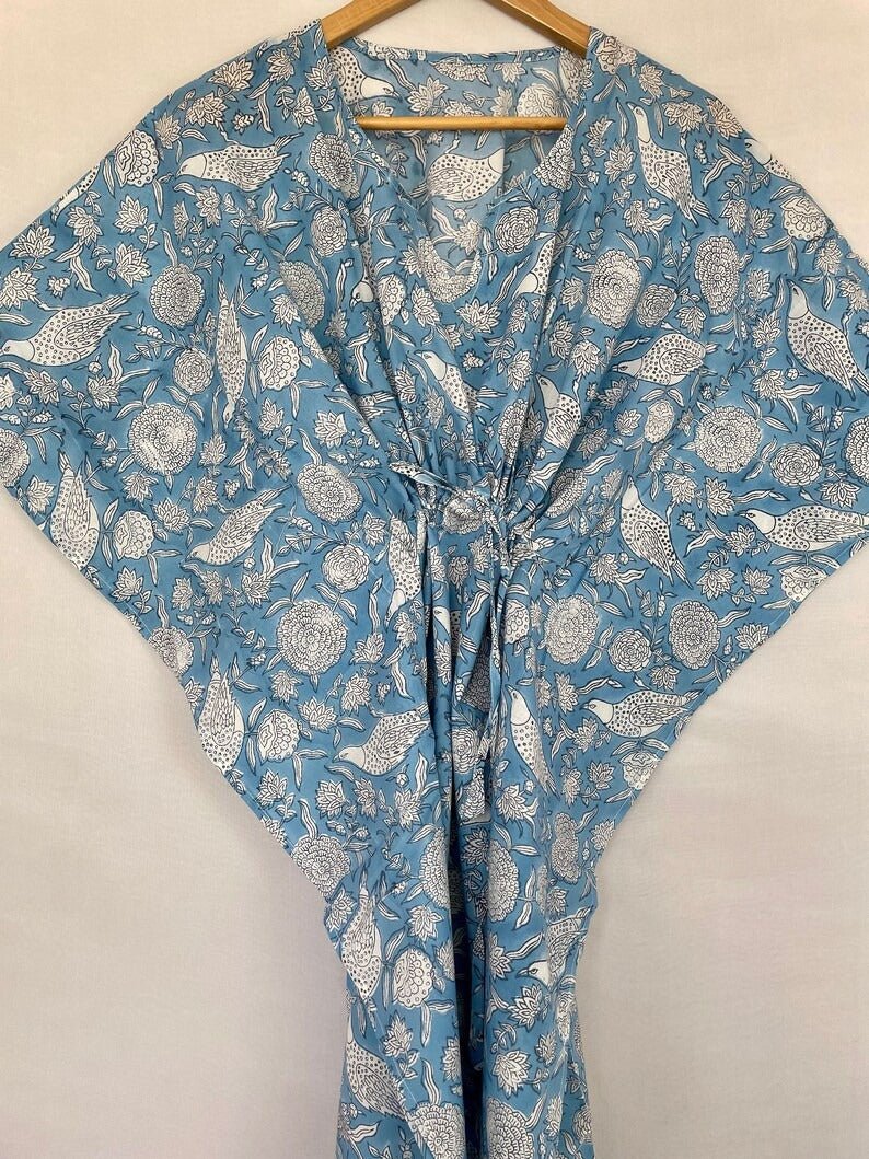 block-printed Cotton Kaftan Dress in blue white bird