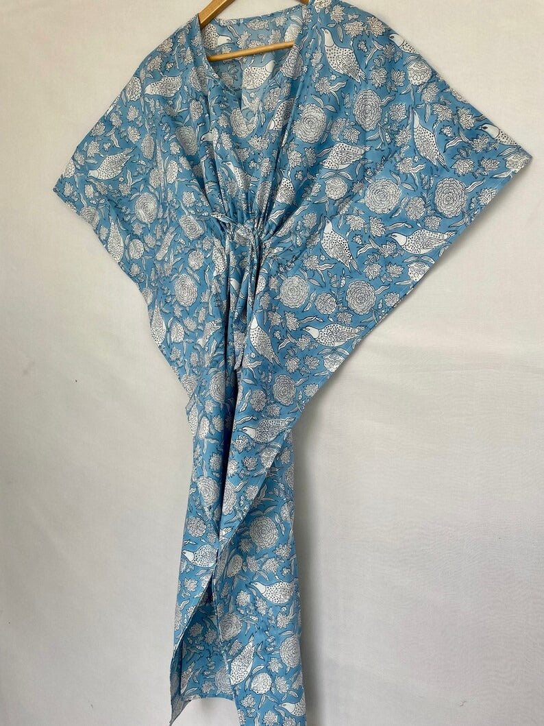 block-printed Cotton Kaftan Dress in blue white bird