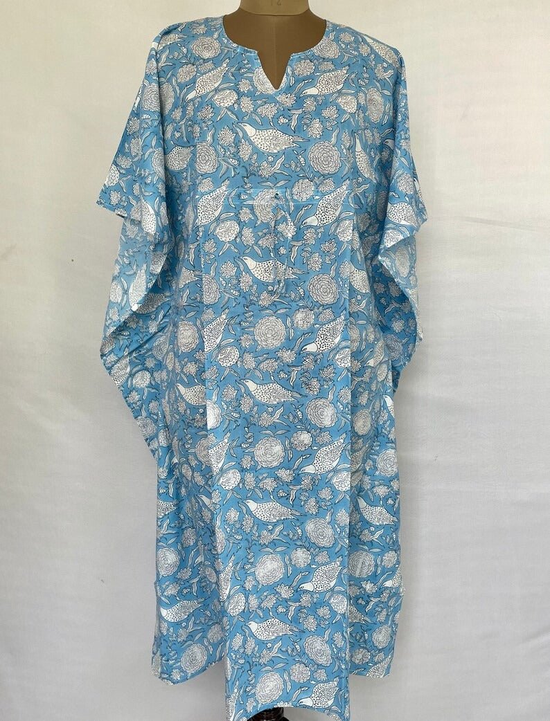 block-printed Cotton Kaftan Dress in blue white bird