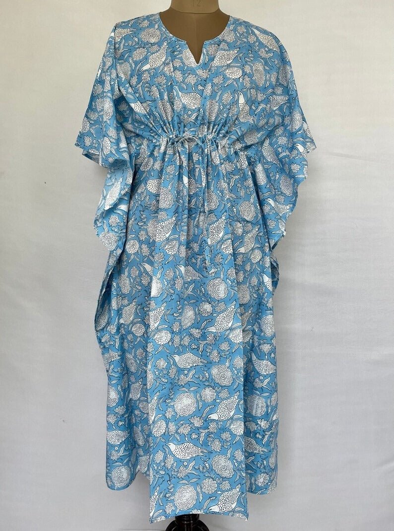 block-printed Cotton Kaftan Dress in blue white bird