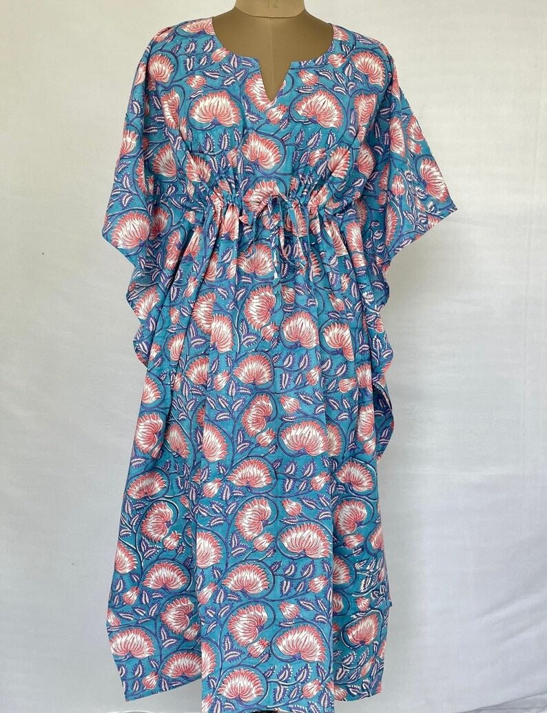 block-printed Cotton Kaftan Dress in blue pink lotus