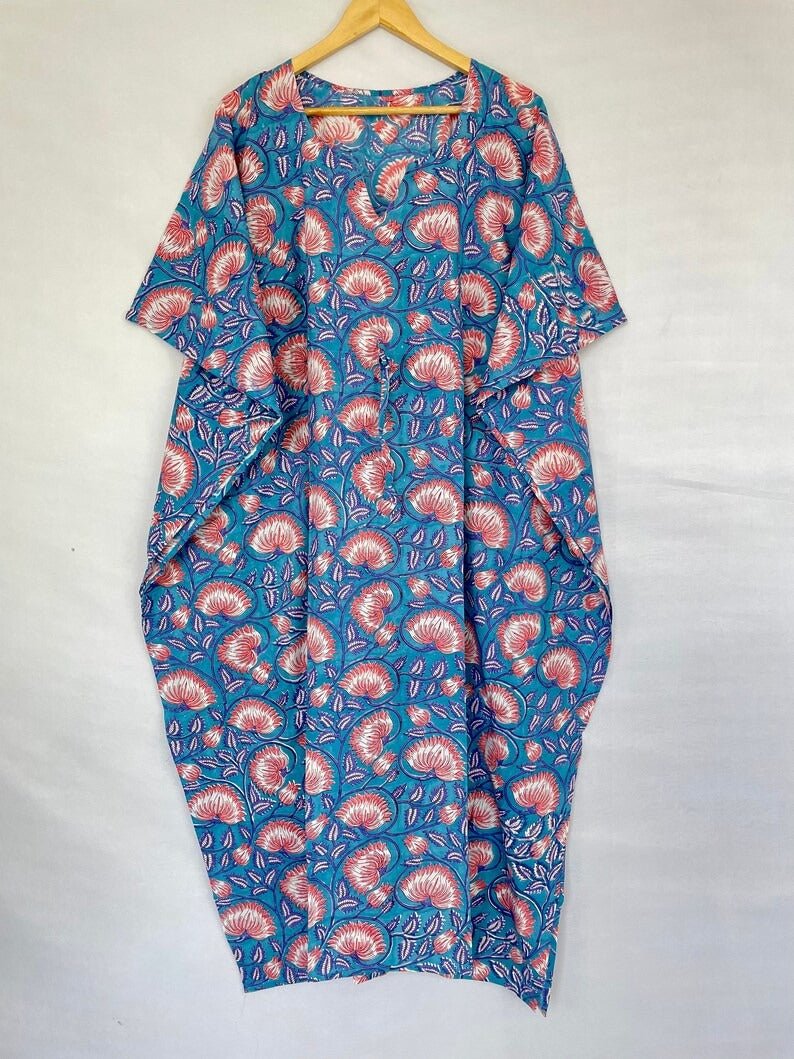 block-printed Cotton Kaftan Dress in blue pink lotus