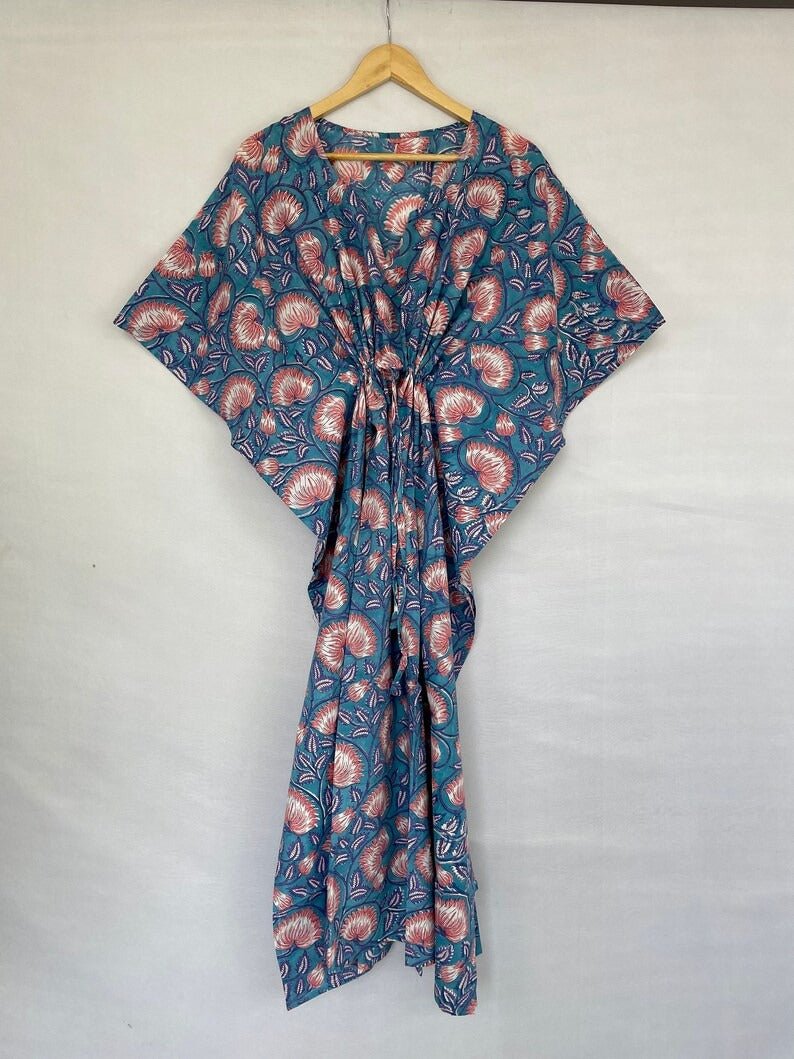 block-printed Cotton Kaftan Dress in blue pink lotus
