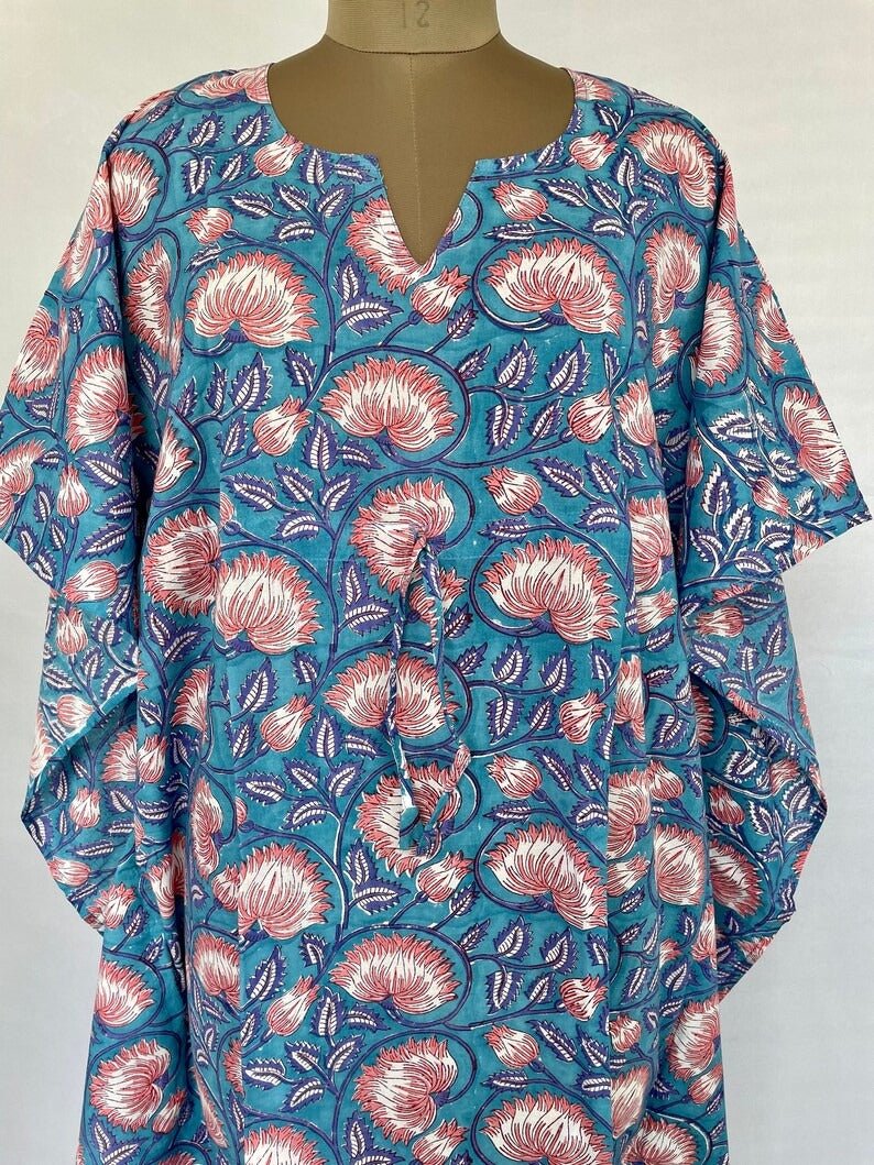 block-printed Cotton Kaftan Dress in blue pink lotus