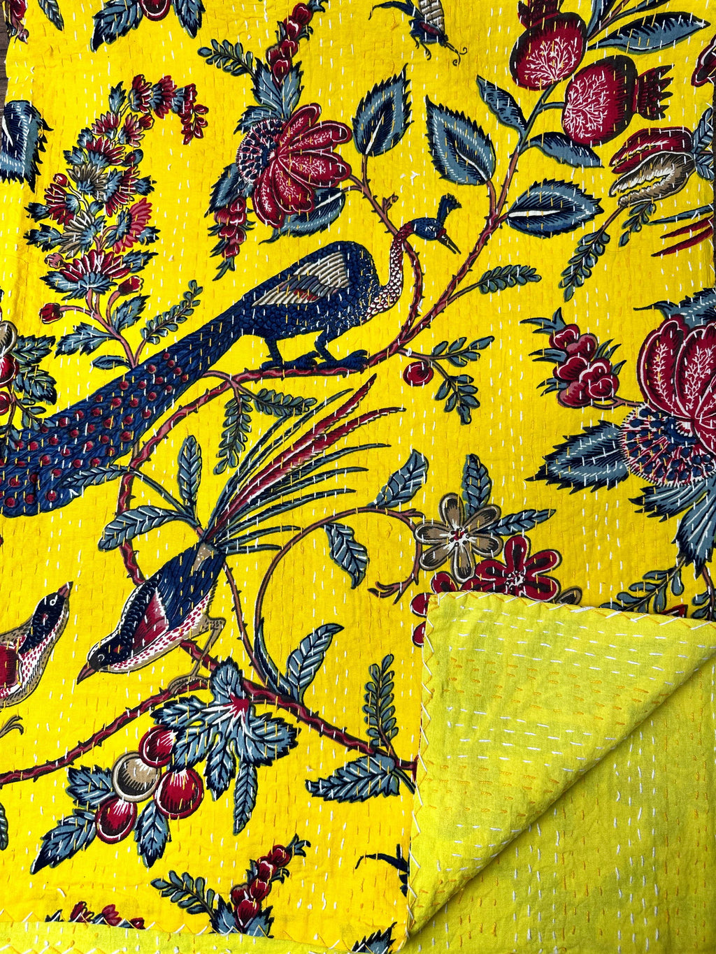 reversible Kantha-stitched block-printed Cotton Throw in yellow floral