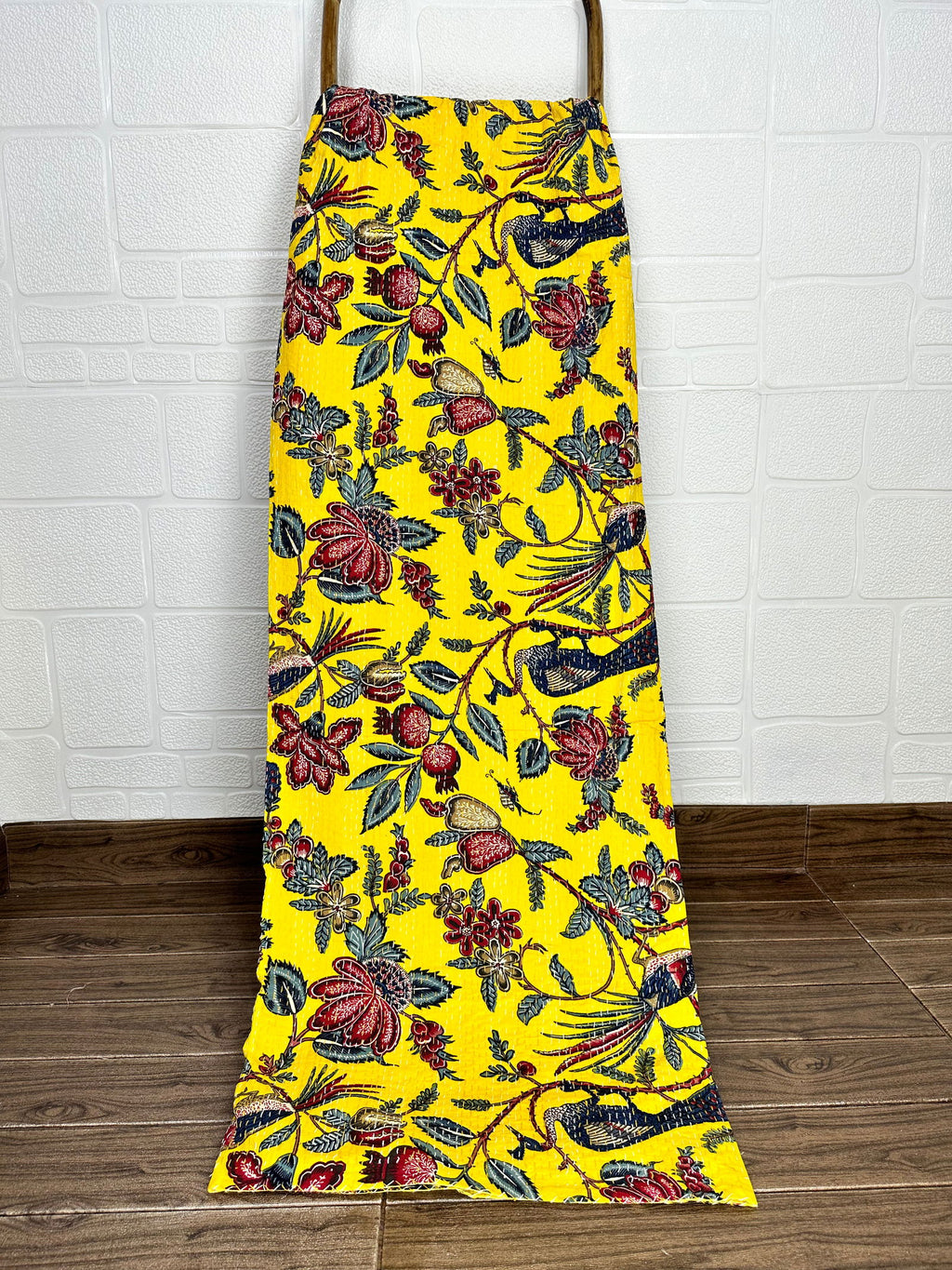 reversible Kantha-stitched block-printed Cotton Throw in yellow floral